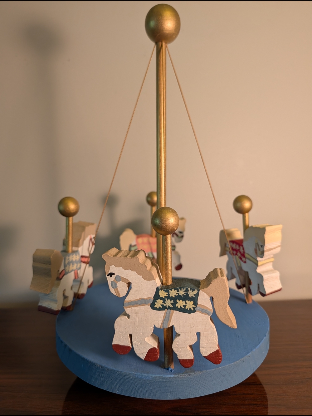 Wooden Horse Carousel Spinning Toy - Blue and Gold